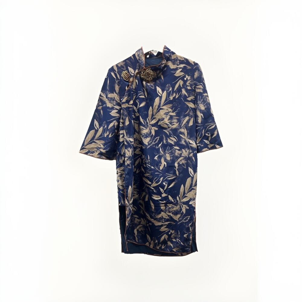 Vintage Handsewn Blue Beige Silk Cheongsam Dress Floral Lined Chipao Designer M